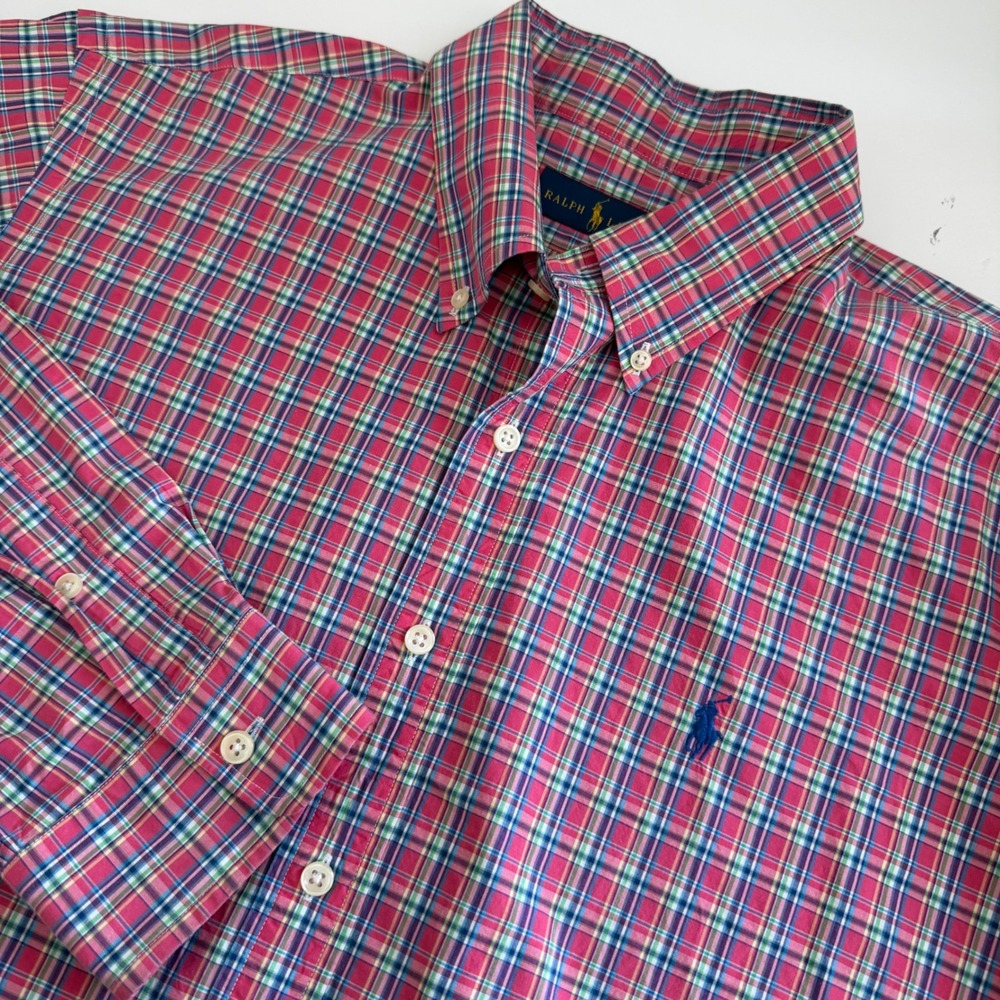 Ralph Lauren Plaid Long Sleeve Button Down Men XL hotpink green blue 100% cotton
